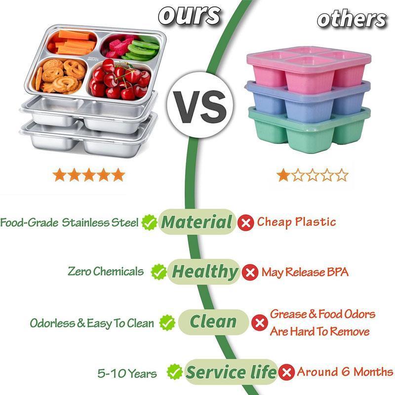 Stainless Steel Snack Container, 3 Counts/set Multi-grid Lunch Box with Lid, Reusable Adult Lunch Container for Home Travel