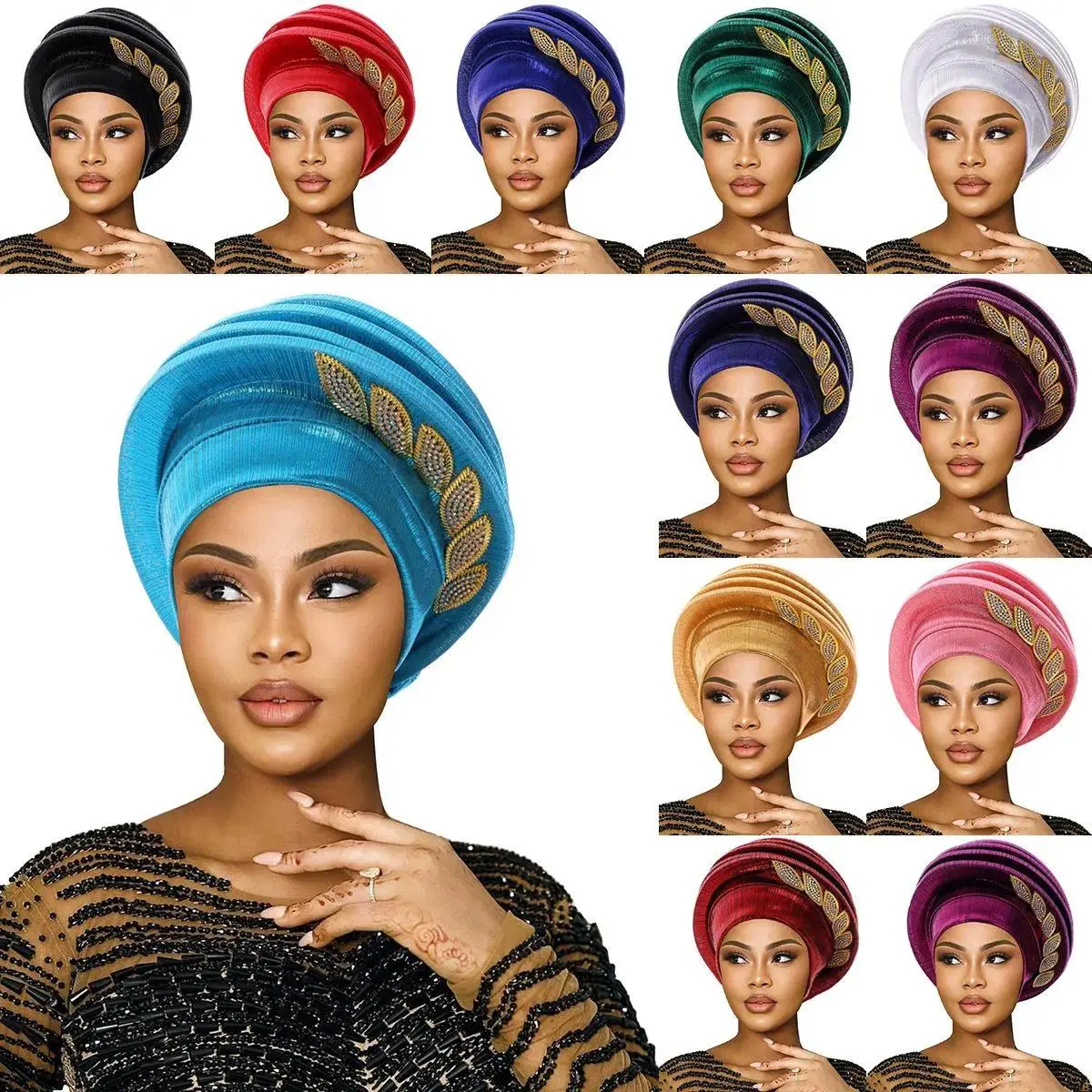 Women's Auto Tied Cap - Pre-Tied Gele African Head Wrap, Pleated Shiny Crinkle Headwrap with Rhinestone Leaf, Female-Only All-Seasons Outdoor Wear for Nigerian Wedding Ceremony Party Accessories, Pleated Turban
