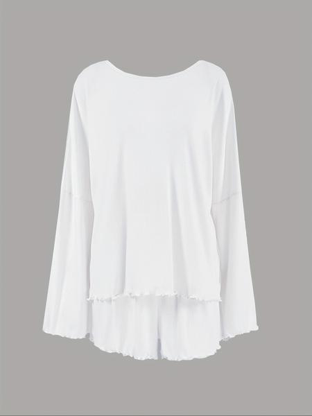 Women's Solid Color Long Sleeve T-Shirt and Shorts Loungewear Set, Comfortable Sleepwear for All Seasons, Homewear and Pjs for Women