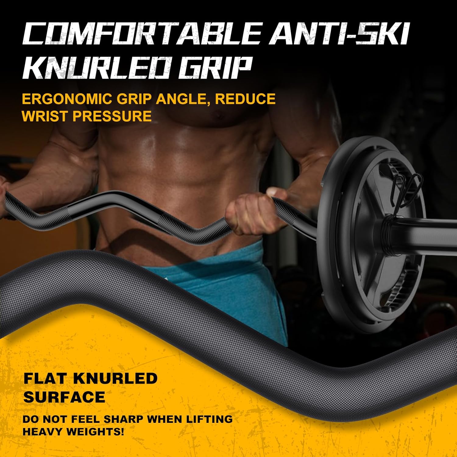 SUNDAY MIRTH Olympic EZ Curl Barbell Bar, " Curl Bar for Weight Lifting,  Gym Weight Bar- Strength ,Squat, Thrusts,Biceps, Chrome Curling for 2 Inch Plates -2 Spring Collars (Black)