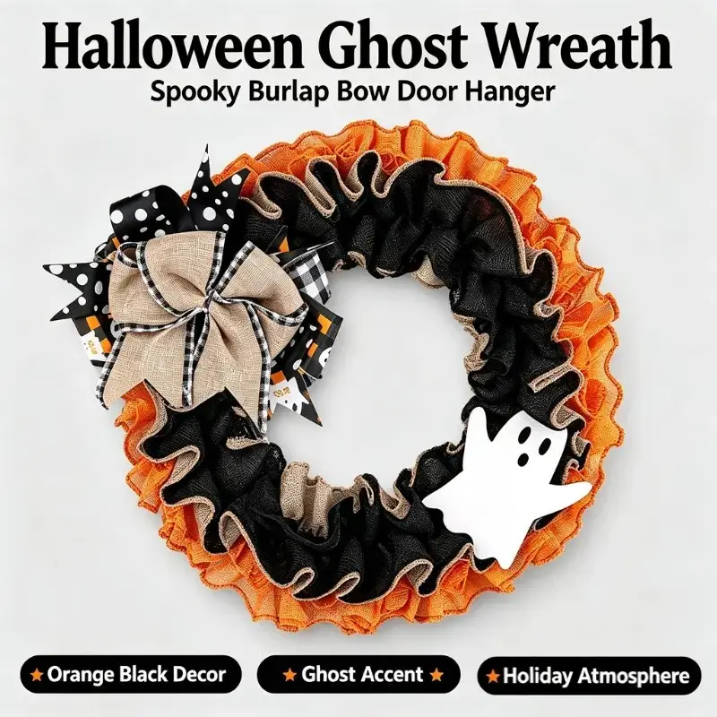 Halloween Ghost Wreath with Burlap Bows, Spooky Front Door Decor, Ghost Pumpkin Wreath for Fall Harvest, Halloween Party & Christmas Ornament