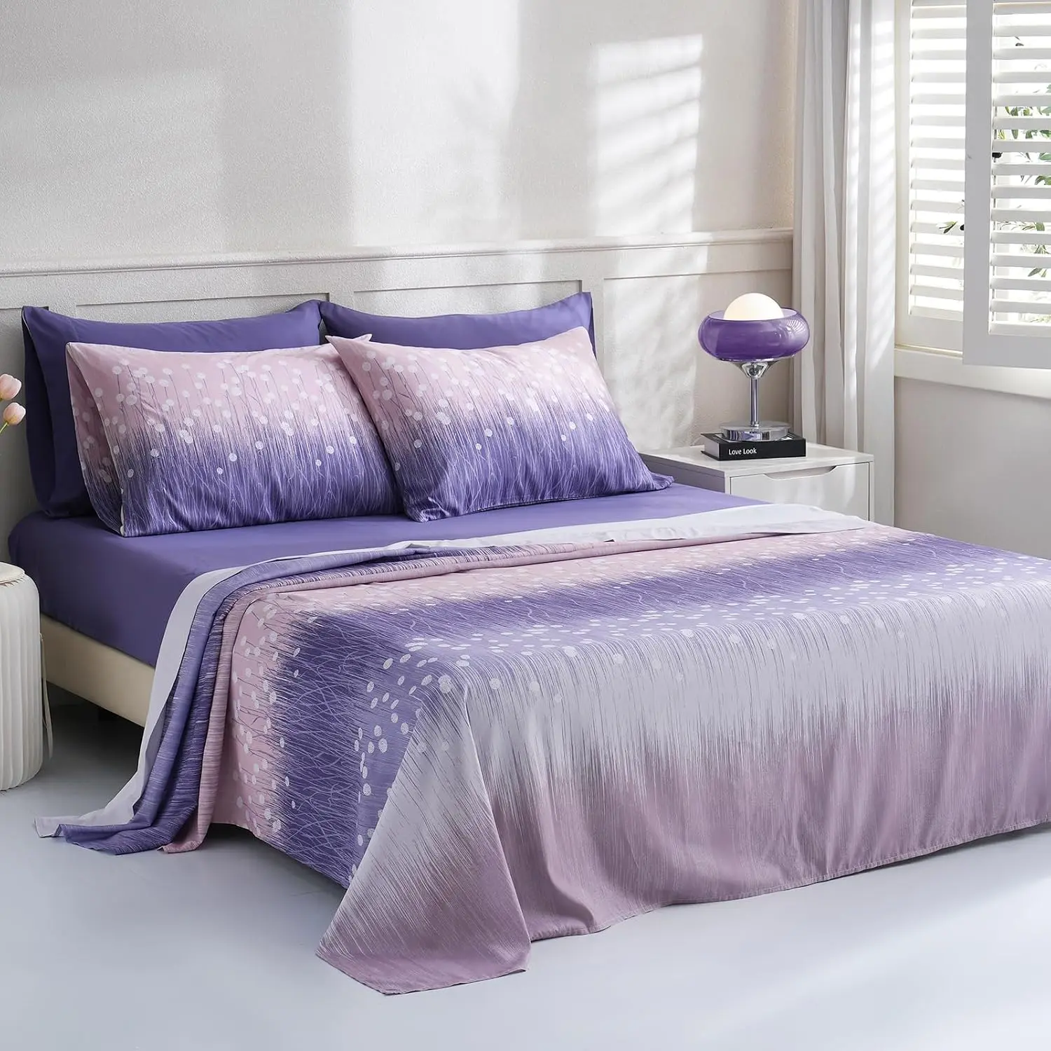 Patchwork California King Size 6 Pcs Sheet Set, Breathable Microfiber Deep Purple Fitted Sheets, Comfy & Breathable Patterned Flat Sheets,4 Gentle Soft Pillowcases, Purple Blossom