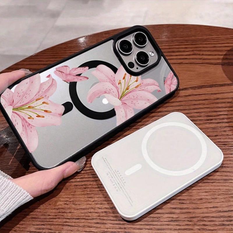 Pink Lilies Magnetic Phone Case for iPhone 17/16/15/14/13/12 Pro Fashionable Pattern Design Transparent Shockproof Classic Gift Ultra-Thin Protective Smartphone Cover Lotus