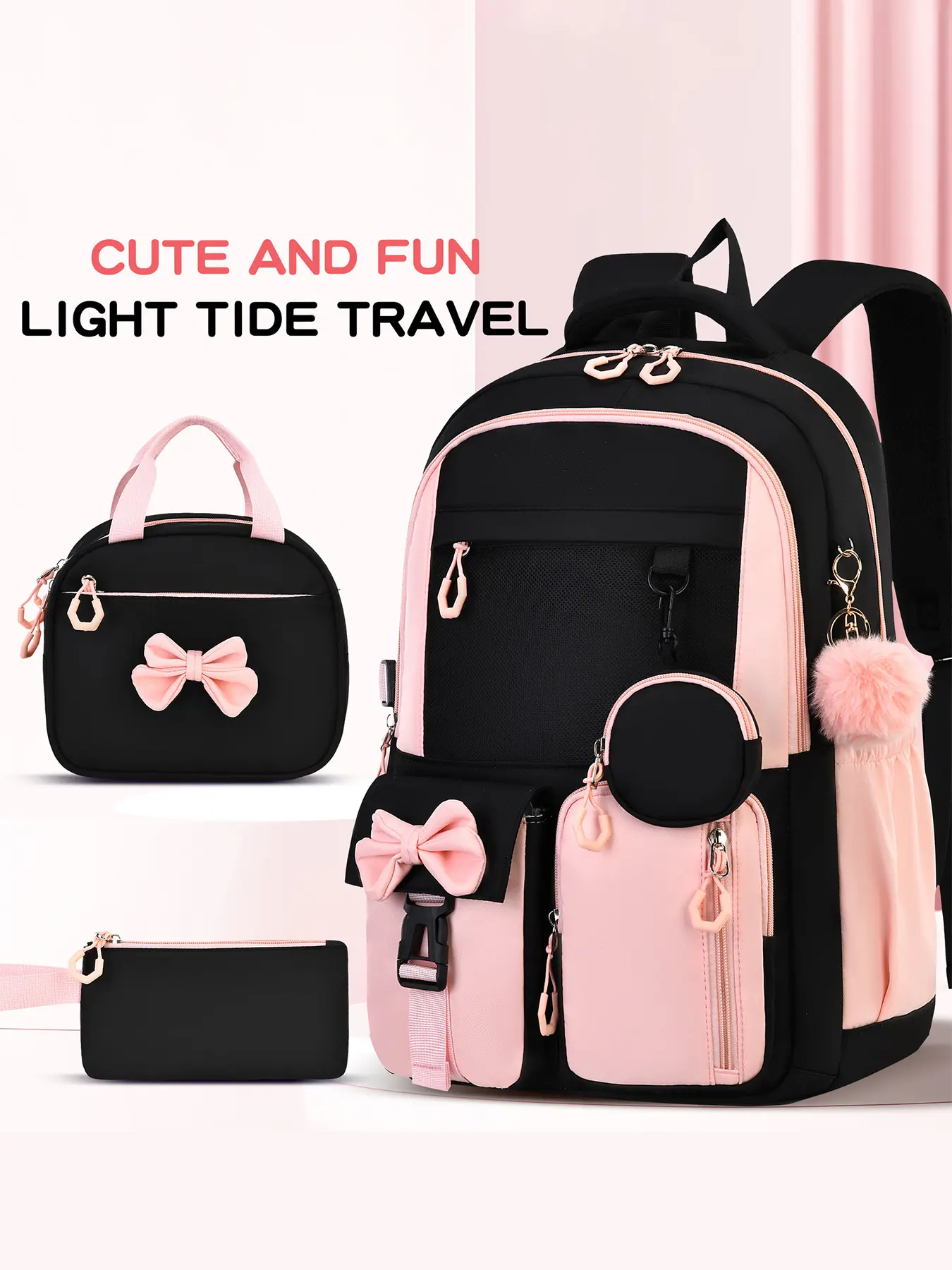 3pcs Contrast Color Bow Decor Backpack Set With Lunch Bag Pencil Case Fluffy Pom Pom Charm Multi Compartment Large Storage Backpack for Girls School Daily Outdoor Travel