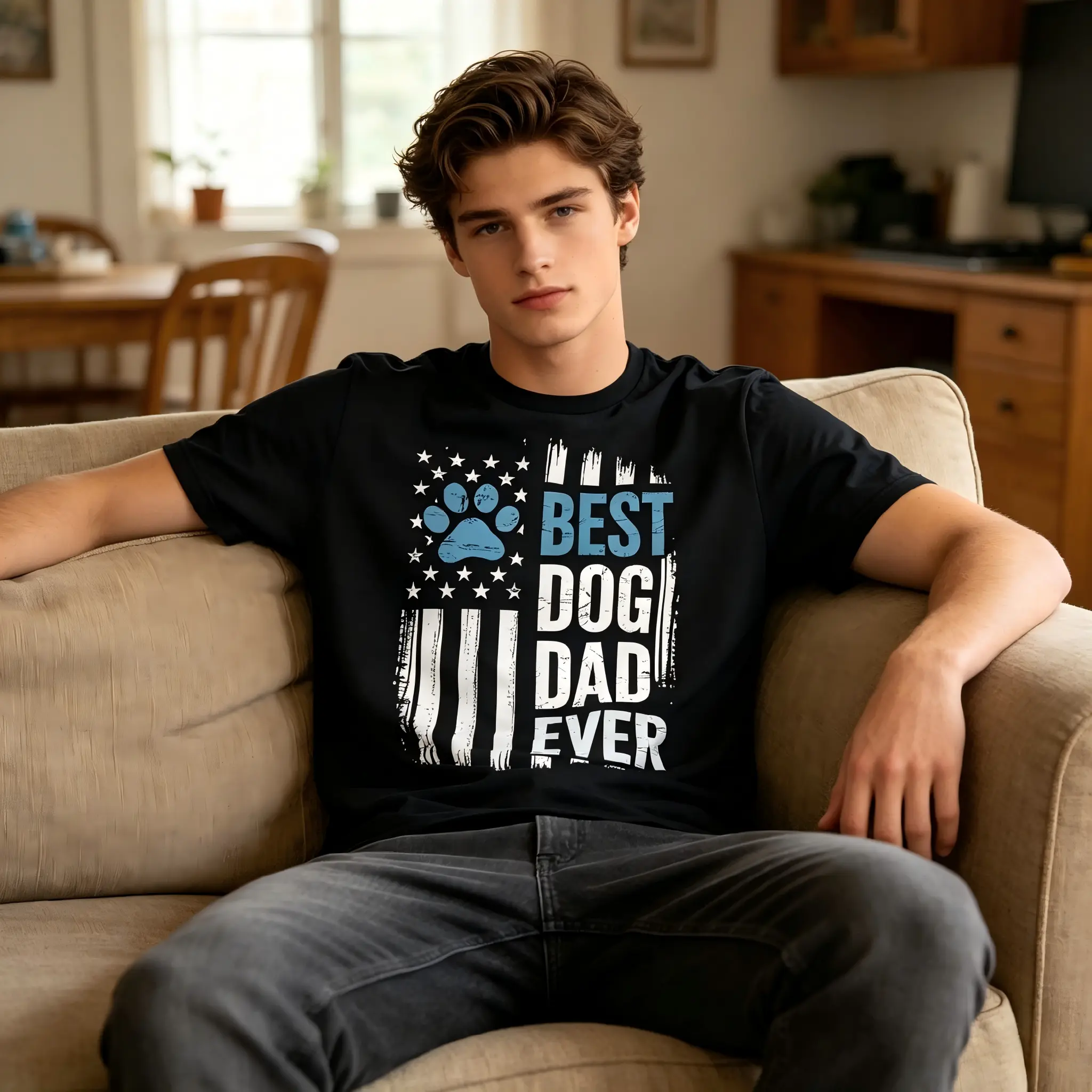 Best Dog Dad Ever T-Shirt - American Flag & Puppy Lover Casual Round Neck Shirt for Fathers Day Gift -Fit Outdoor Apparel Suitable for Training & Casual Wear with DogSame Style for Men and Women Summer Short-sleeved Printed T-shirt Pure Stylish Fabric