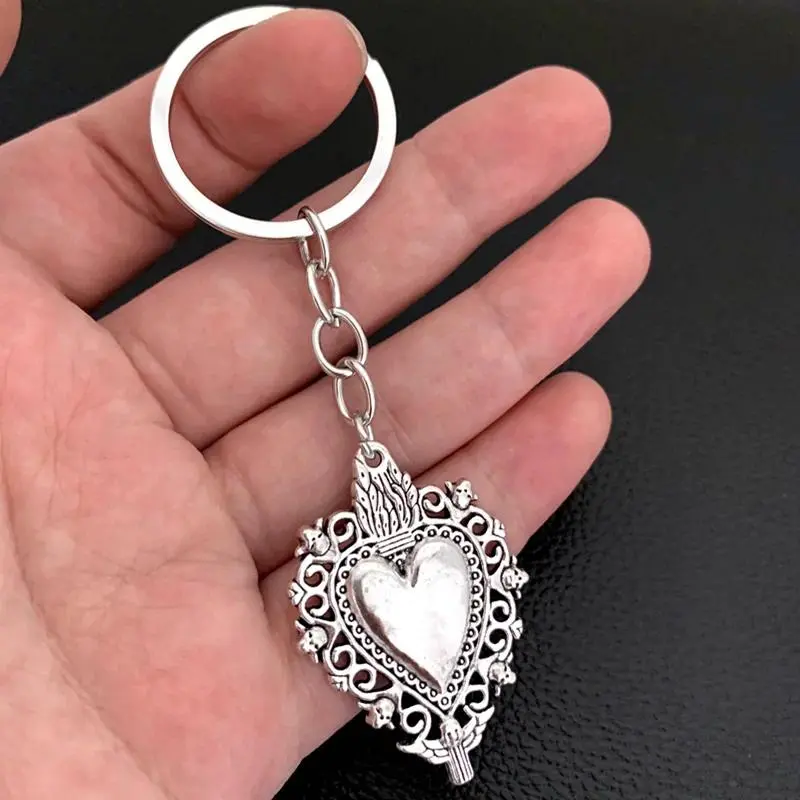 Sacred Heart KeyChain, Jewelry,  Heart Key Chain, Gothic Jewelry, Memento Mori , Burning Heart Pendant Key Chain