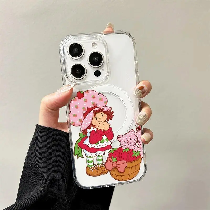 S-Strawberry S-Shortcakes Wireless Charging Phone Case for iPhone 17 16 15 14 13 12 11 Pro Max & Samsung S26-S22 Ultra, Heavy Duty Shockproof Anti-Drop Protective Cover
