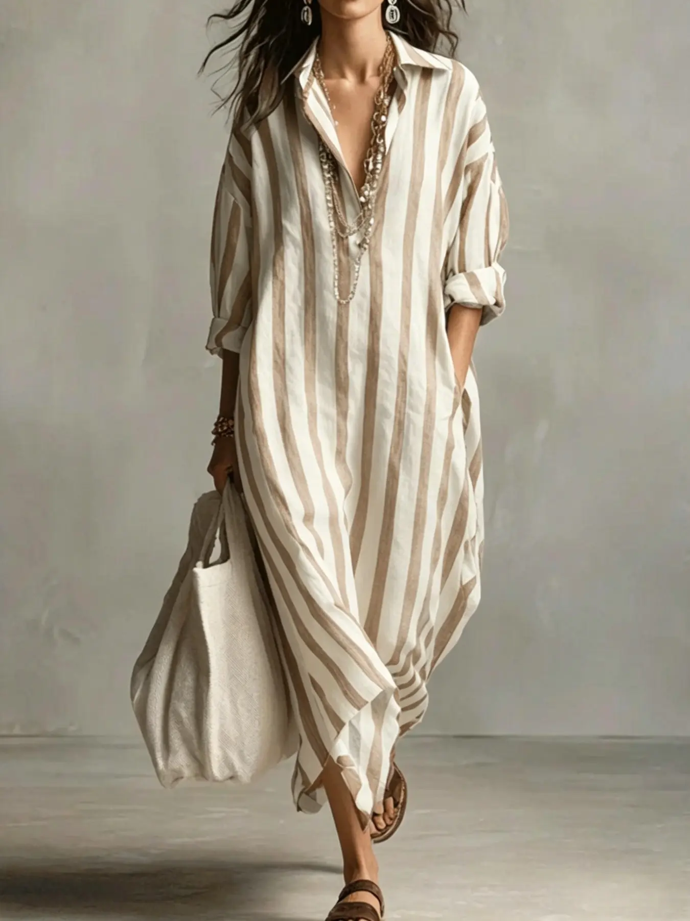 2026 New Women's Fashion Striped Notch Lapel Front Tie Loose V Neck Long Dress, Casual Beach Sundress, Soft Comfortable Fabric, Casual Summer, All Seasons, Beach Sun Protection