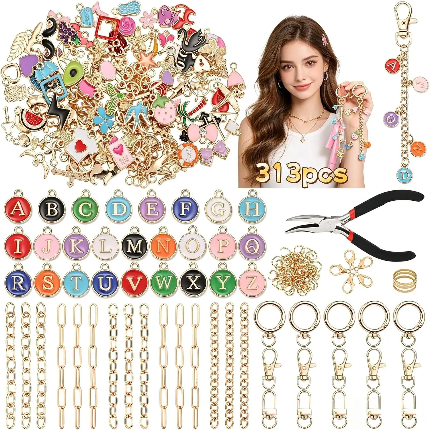 313 count  Making Kit, DIY Bag Charm & Lip Gloss Charm Supplies, Complete  Craft Set with  Charms, Hooks, Jump Rings, Chains & 50  Zipper Bags,  for Crafters
