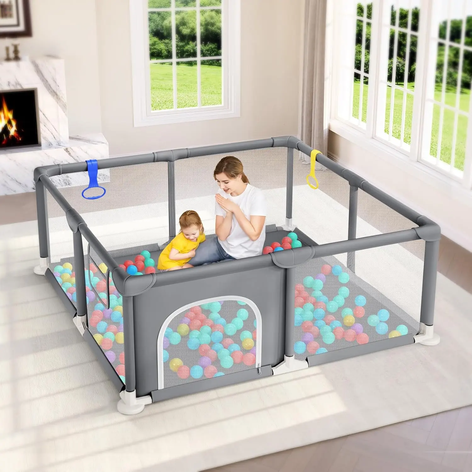 Baby Playpen, 47*47 Inch Small Playpen  Babies, Enhanced Safety Baby Play Yard  Indoor & Outdoor, Infant Play Pen with Soft Breathable Visible Mesh, Anti-Fall Design & Easy Setup, Grey