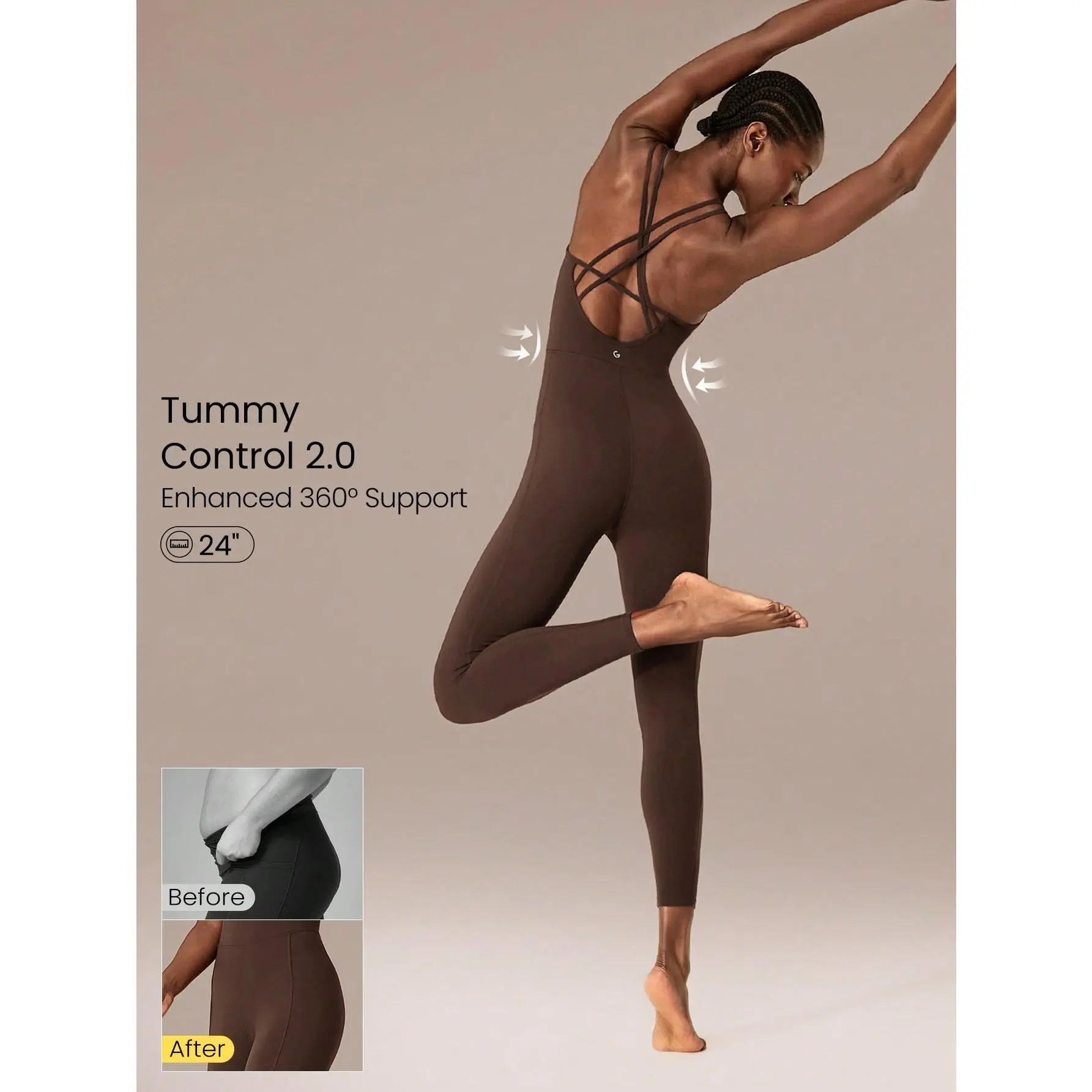 GLOWMODE 24'' FeatherFit Tummy Control Crisscross Strappy Back Bodysuit Jumpsuit With Side Pockets Low Impact Yoga Pilates Daily Removable Cups Gym