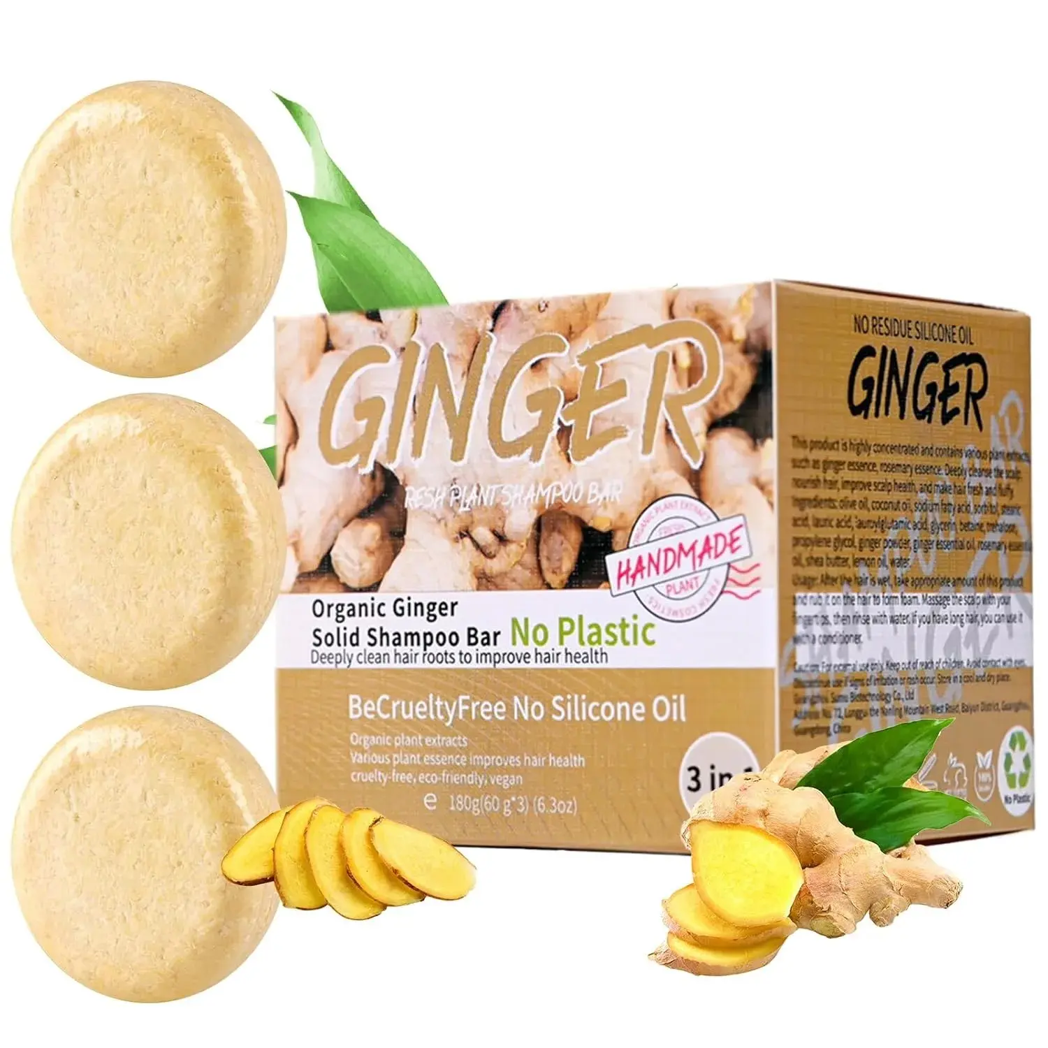 3 Pack Ginger Shampoo Bar, Organic Ginger Soap for Hair Regrowth, Anti Hair Loss, Deep Cleansing & Scalp Nourishing Treatment