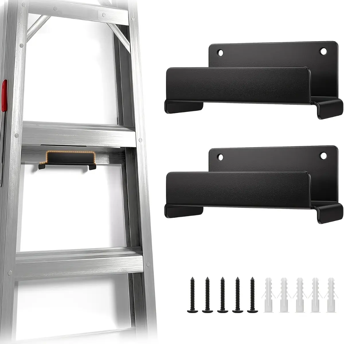 Heavy Duty, Sturdy Construction Garage Wall Hooks and Ladder Brackets, Strong Metal Storage Hangers for Ladders, Folding Chairs and Tools, Space Saving Wall Mounted Organizer for Garages, Sheds, Workshops and Home Storage, Black