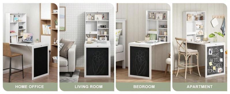 Indoor furniture  Folding Floating Convertible Wall Mounted Table Space Saving Computer Laptop With Storage Bookcase Chalkboard Foldable Writing Desk Home Bed Room Office Furniture White Black