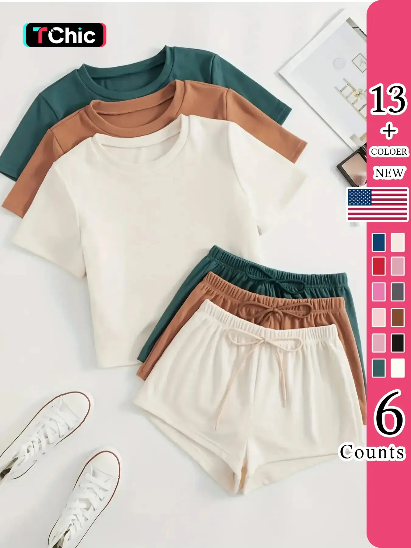 Women's Classic All-Season Pajama Set, Comfortable Round-Neck Short-Sleeve Fitted Top & Elastic Shorts, Solid Color Nightwear, Casual Home Wear