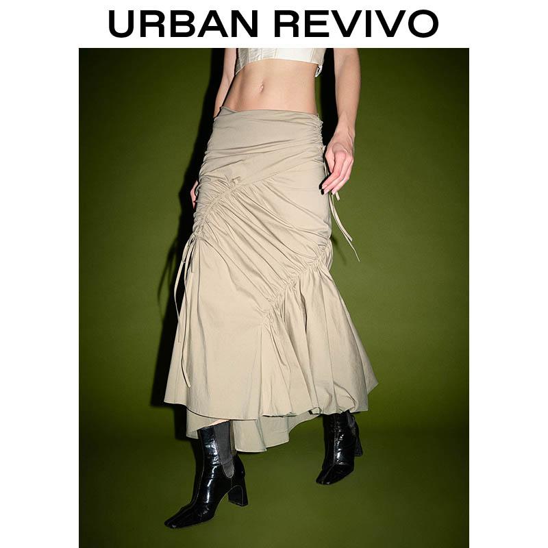 URBAN REVIVO High-Slit Beige Midi Skirt - Ruched Waist Flowy Silhouette for Effortlessly Chic Women Sense Deconstructed Pleated Fish Tail Half Skirt UWJ540010 SpringStatements