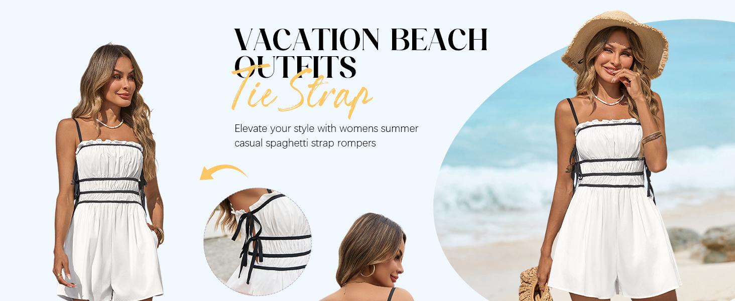 Imily Bela  Womens Summer Spaghetti Strap Romper Sleeveless Ruffle Color Block Short Jumpsuit Smocked Vacation Beach Outfits