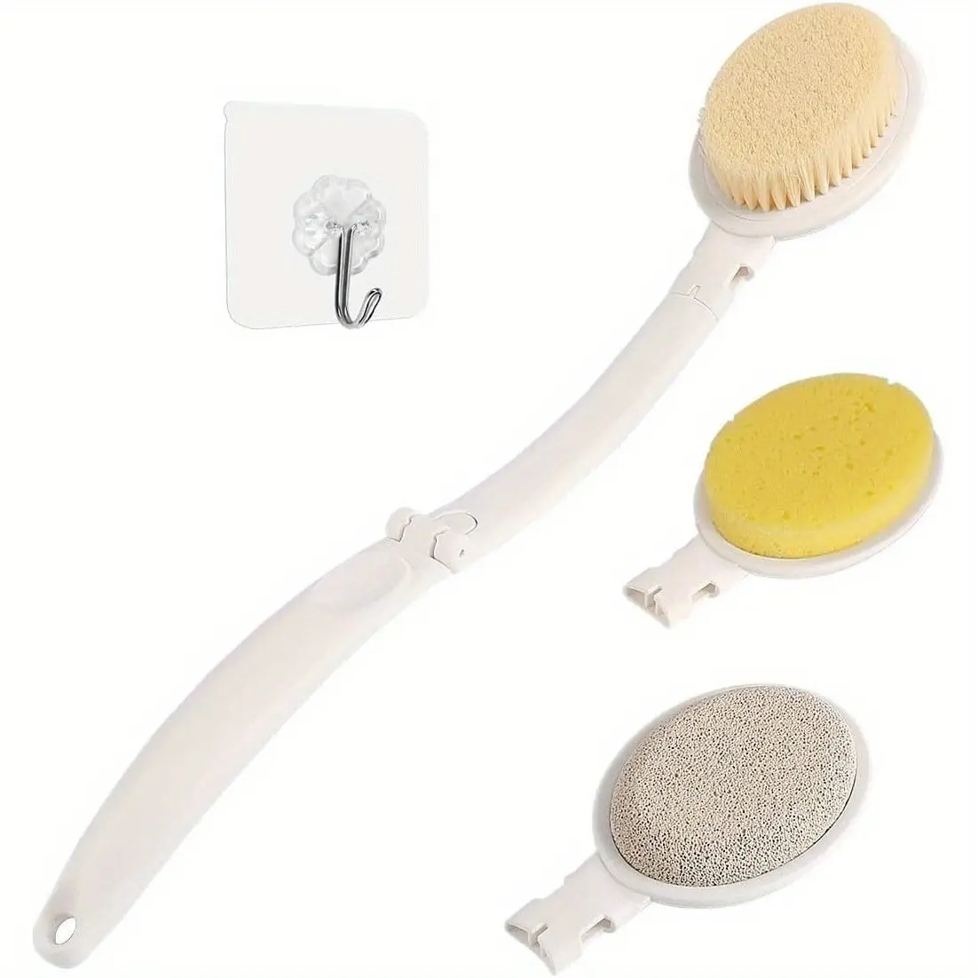 Three-In-One Back Bath Brush Set, 19 Inch Curved Handle, with Sponge and Pumice, Gentle Exfoliation, Home Use, Unisex Bathroom Essentials