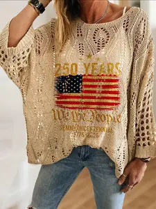 Elegant Women's Letter Flag Star Stripe Independence Day Print Crew Neck Long Sleeve Knit Top, Comfortable Breathable Loose Fit Sweater