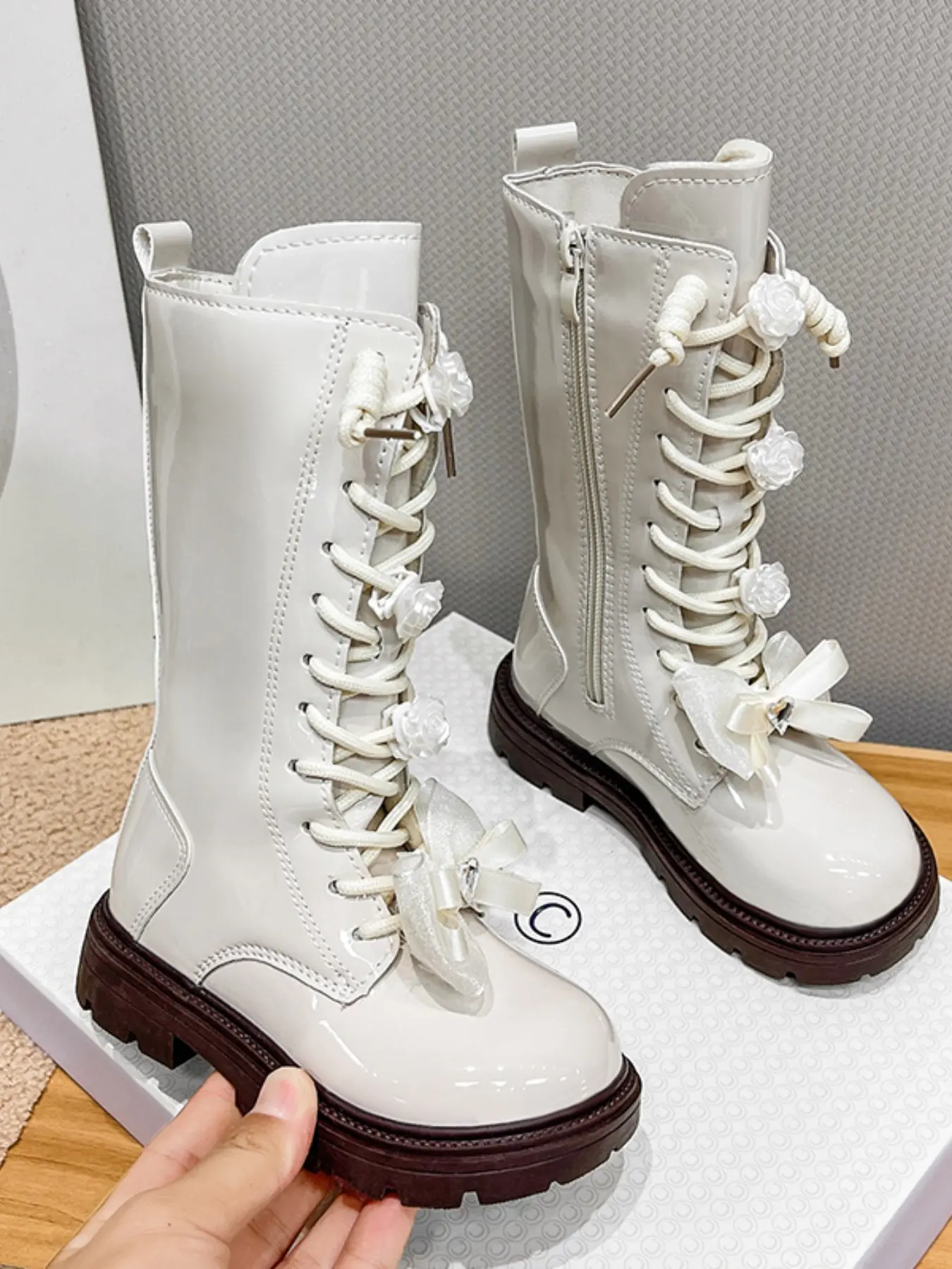 Shiny Flower Bow Girl High Tube Long Boots, Side Zipper Tie Princess Style Children Knight Boots, Elegant Fall & Winter Footwear