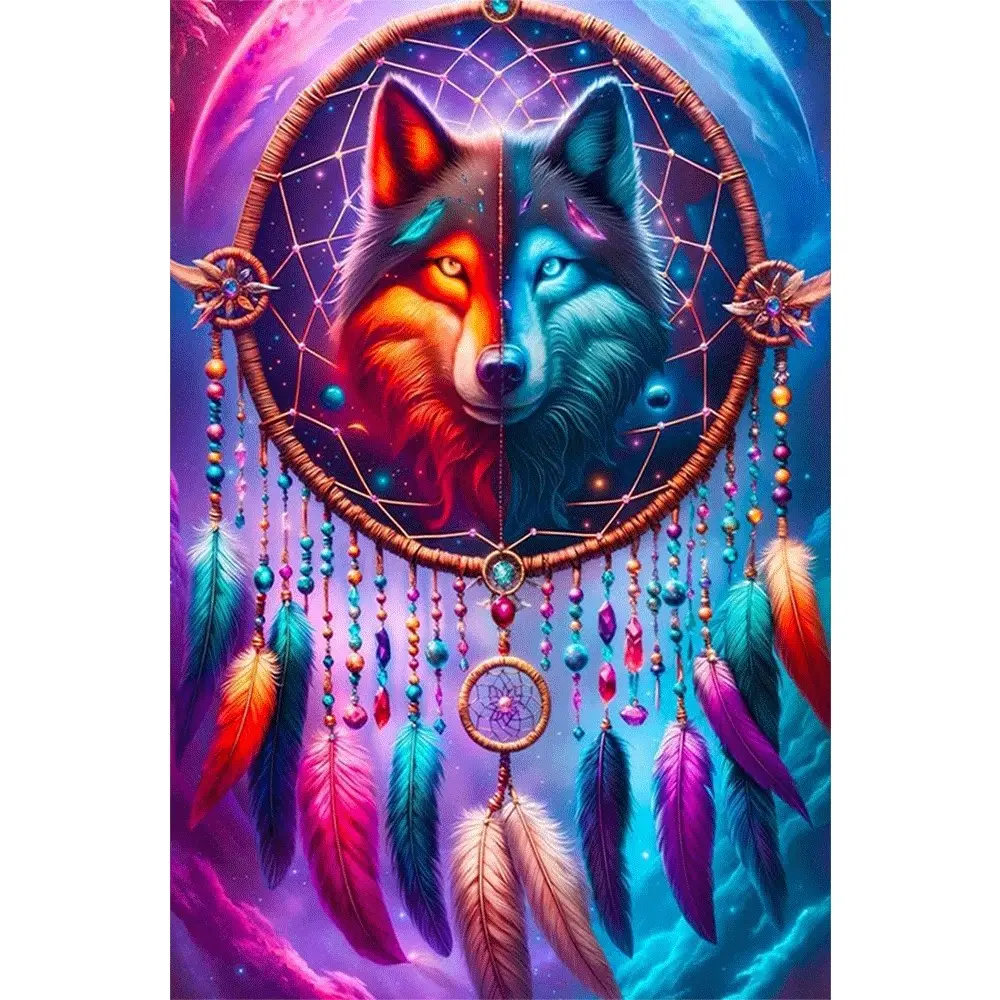 1PC,2D Wolf Dreamcatcher Diamond Painting Kit for Adults Kids DIY Crystal Rhinestone Embroidery Arts Craft Home Wall Decor with Sparkling Diamonds Feather Pattern Perfect Gift for Bedroom Living Room Decoration
