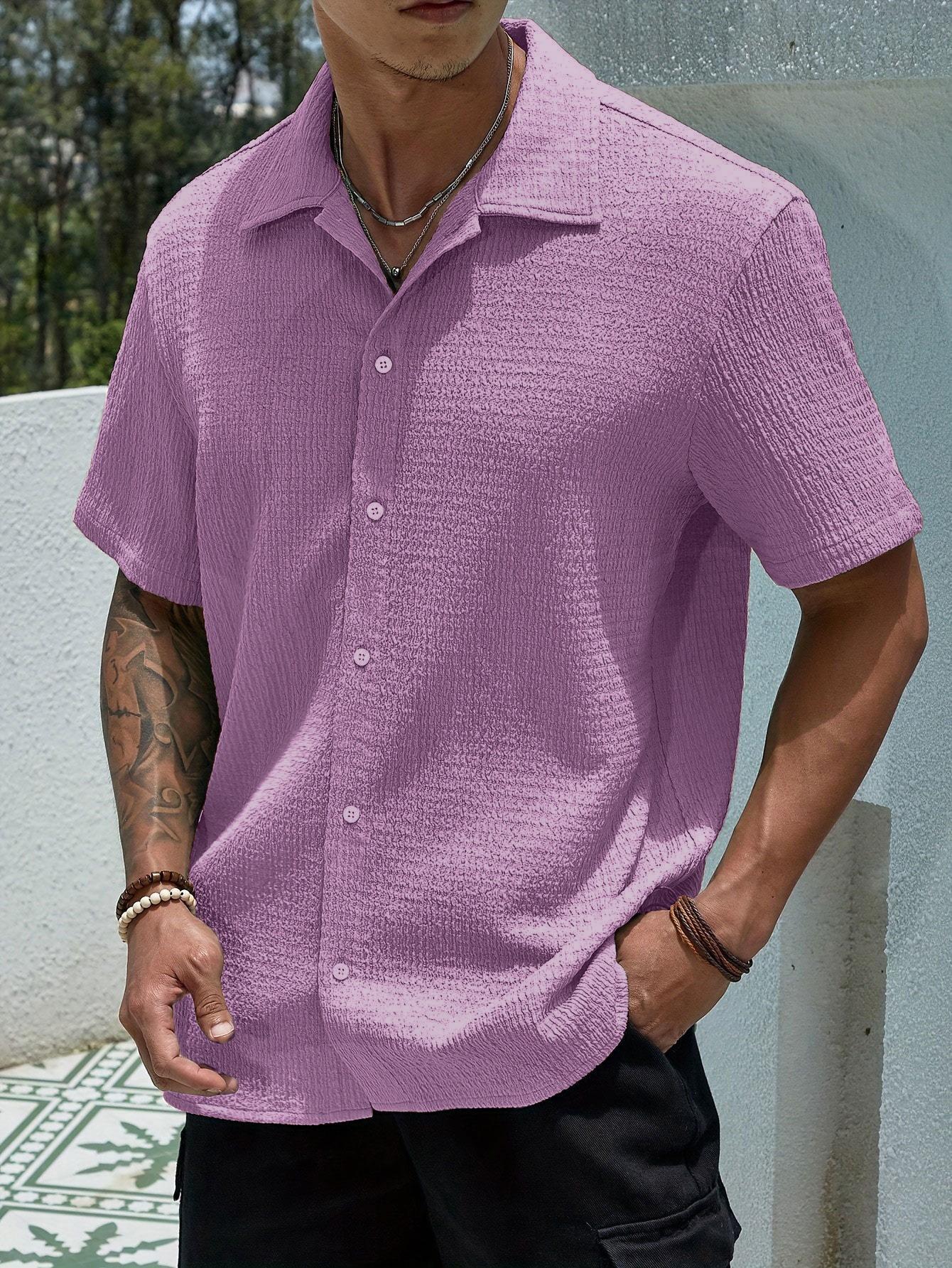 Men's Textured Button Front Shirt, Casual Regular Fit Short Sleeve Collared Top for Summer, Summer Leisure Top 2026, National Day Clothing, Men's Clothes for Daily Wear