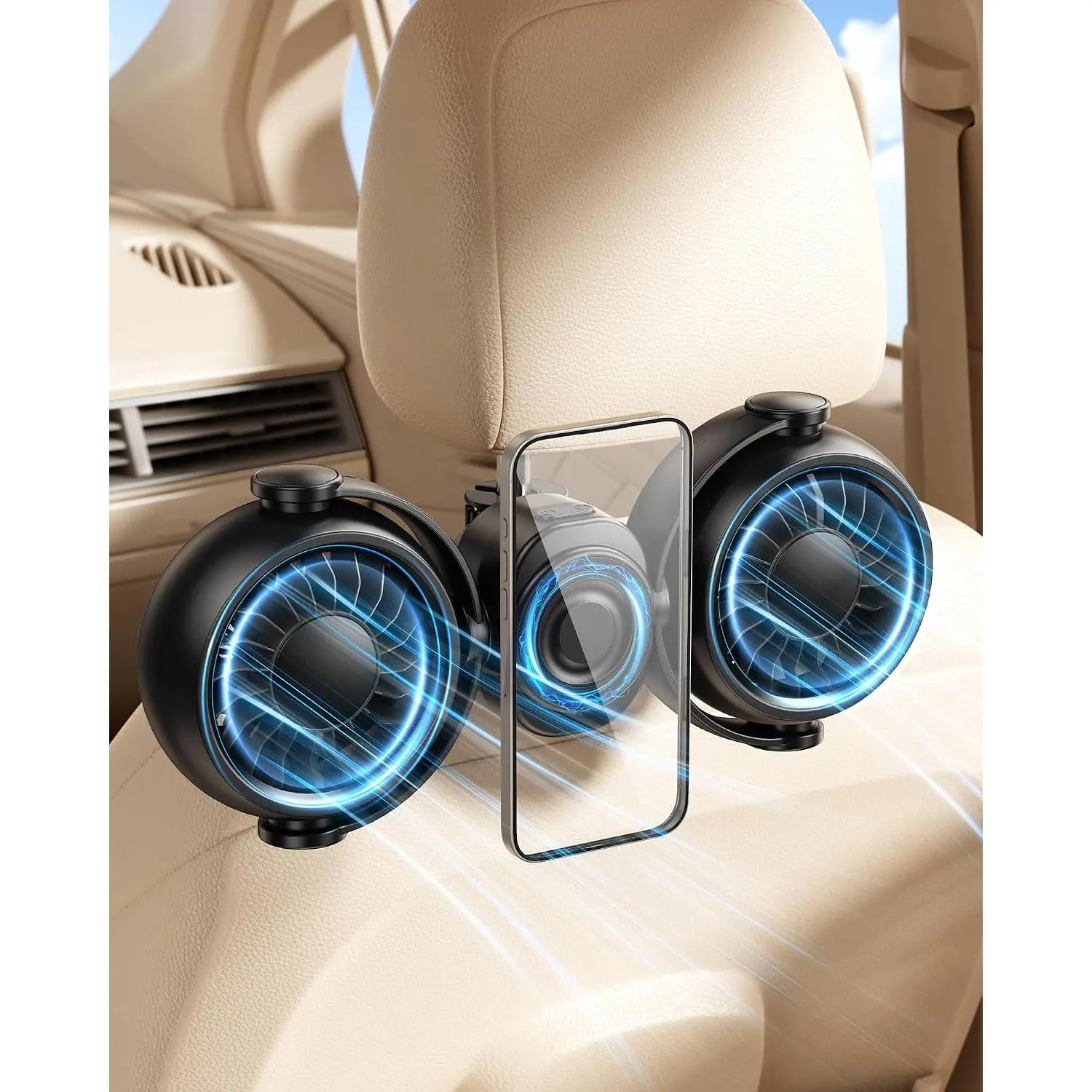 Rechargeable Headrest Cooling Fan with 4000mAh Battery, USB Power, 5V/12V/24V Compatibility, Blows Cool Air for Rear-Facing Seat Use