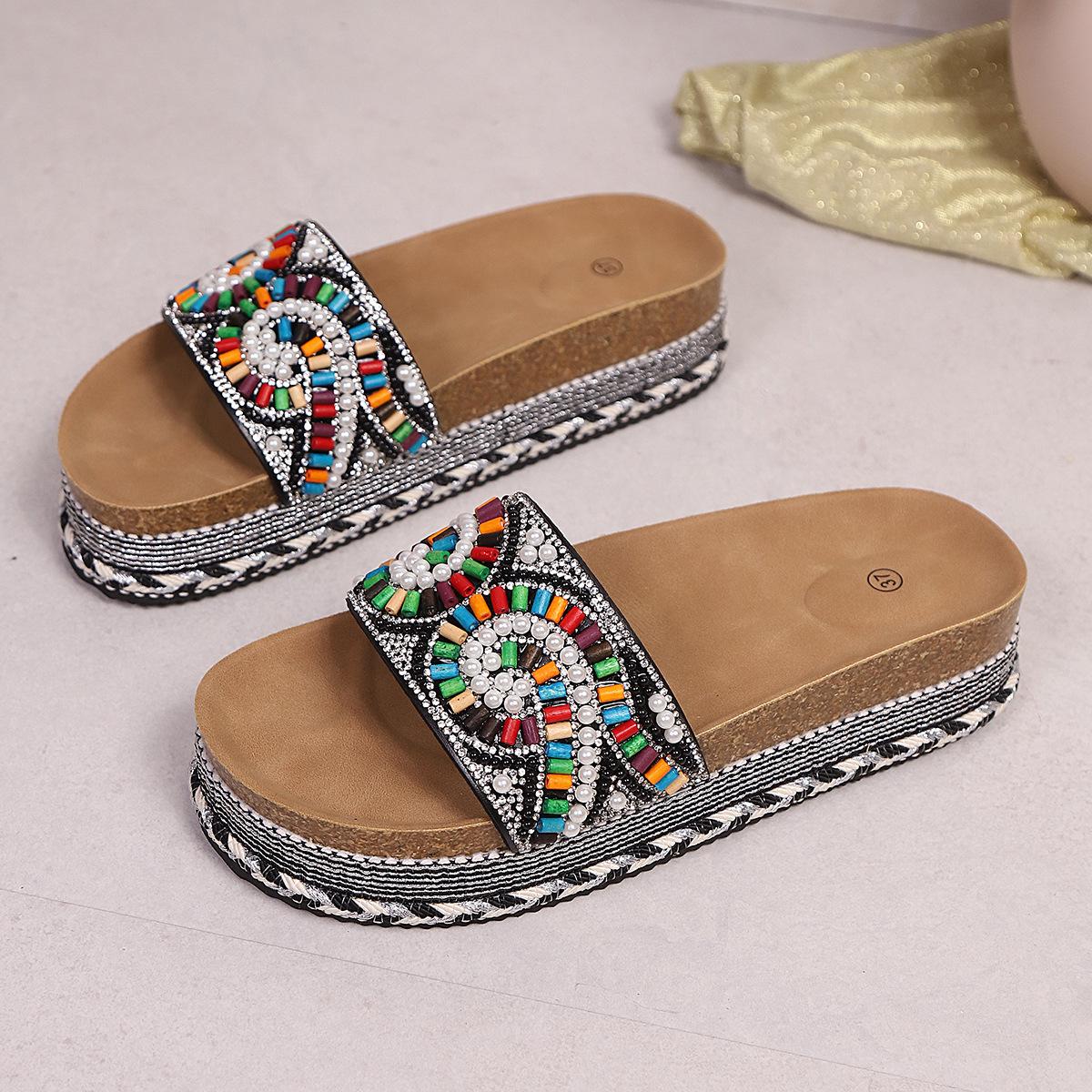 Women's Platform Sandals Summer Beach Slides with Pearl Embellished Cork Wedge Soft Sole Slippers Large Size Comfort Outdoor Shoes Ethnic Style Fashion Footwear for Women