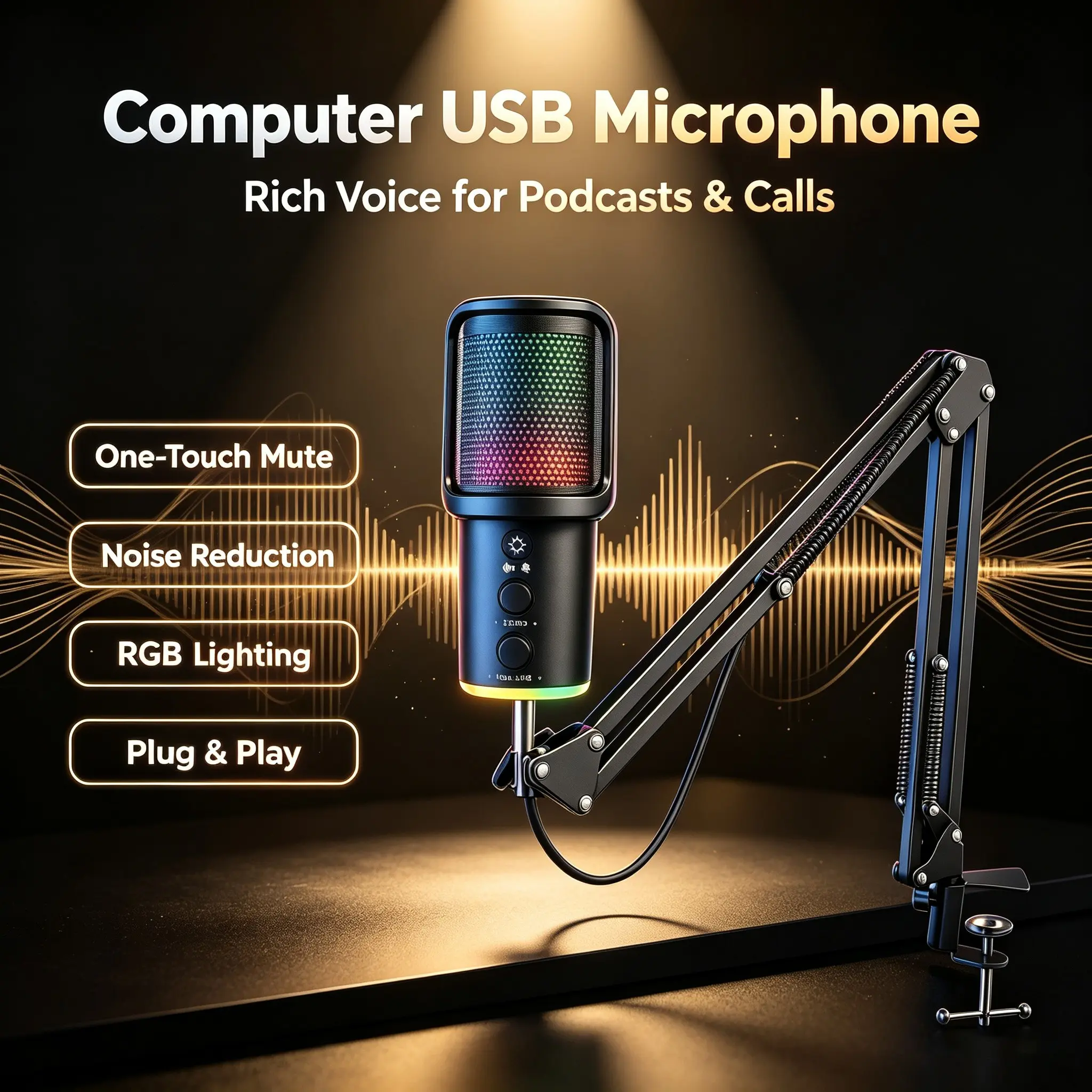 Suspension Live Streaming Gaming Mic, USB Computer Mic with Quick Mute + Shockproof Stand, RGB Light, Pop Filter, for Ps5/ps4/PC