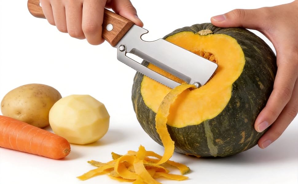 2 Pack 2 in 1 Multi Functional Vegetable Peeler with Bottle Opener and Wooden Handle Stainless Steel Blade Kitchen Tool for Sugar Cane Potato Fruit Pineapple Pumpkin Papaya Carrot Veggie Peeler