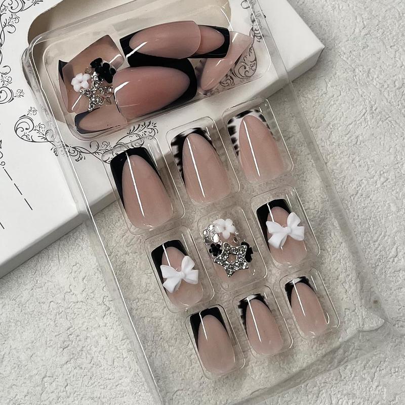 French Tip Press on Nails Short Square Fake Nails with Bow Charms, Black White Zebra Print, Small Flowers, Silver Star Rhinestones, Stick on Nails for Women, 24 Pcs