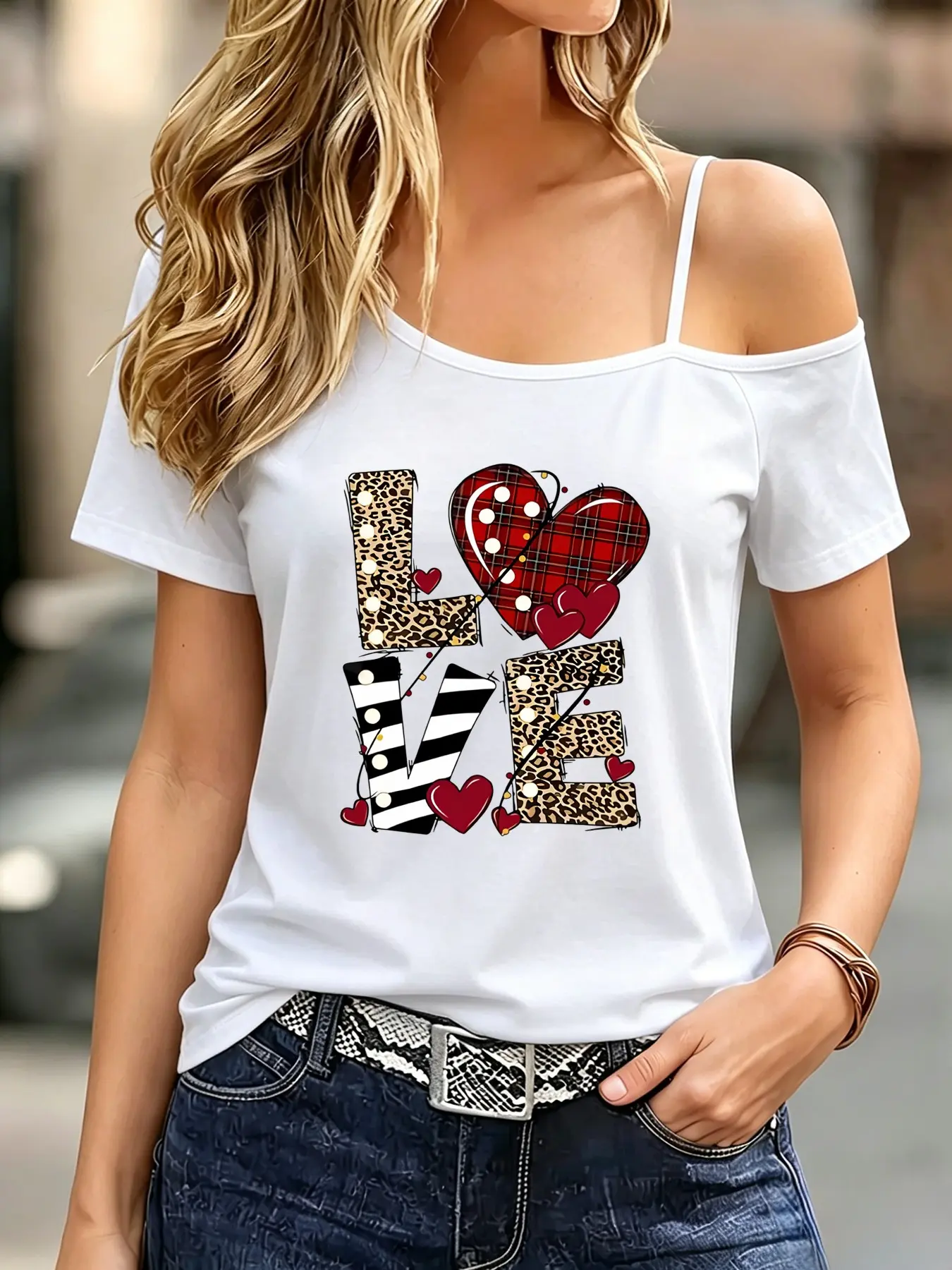 Women's Asymmetrical Neckline Love Letter Heart Pattern Print T-Shirt, Casual Short Sleeve Top, Fashionable and Versatile