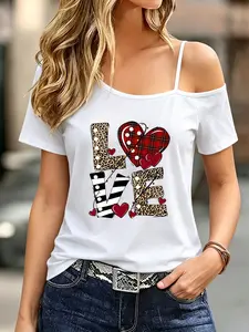 Women's Asymmetrical Neckline Love Letter Heart Pattern T-Shirt, Casual Short Sleeve Top, Fashionable and Versatile