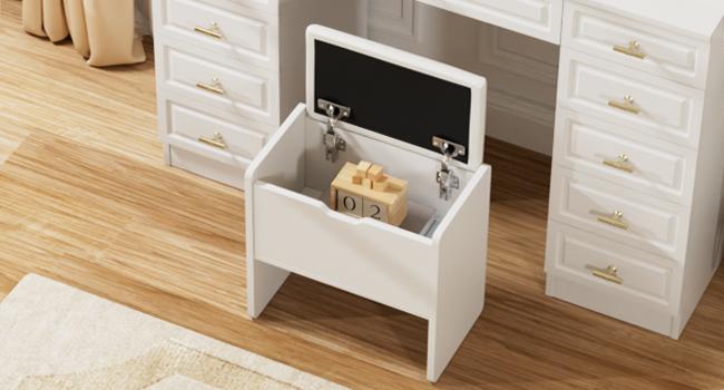 VOWNER Vanity with Lighted Mirror - Glass Top Makeup Vanity Desk w/Bluetooth Speaker, 14 Lights and 11 Drawers, 3 Color Lighting Modes Adjustable Brightness, Makeup Desk with Outlet for Bedroom, White