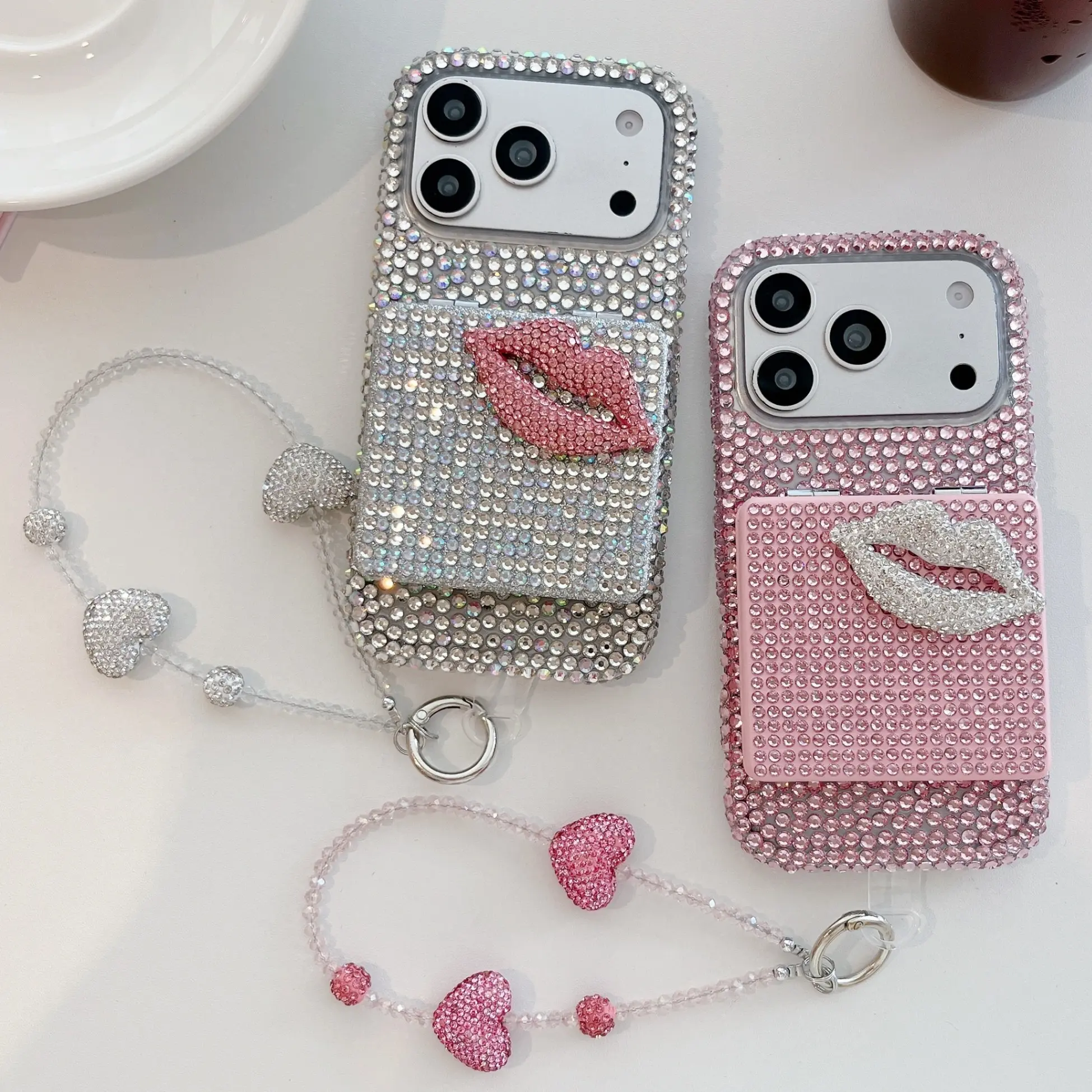Full Diamond iPhone Case, Lip Mirror Stand Combo, Heart Bead Bracelet, High Aesthetic Y2K Style, Anti-Drop Protection Shell, Accessories