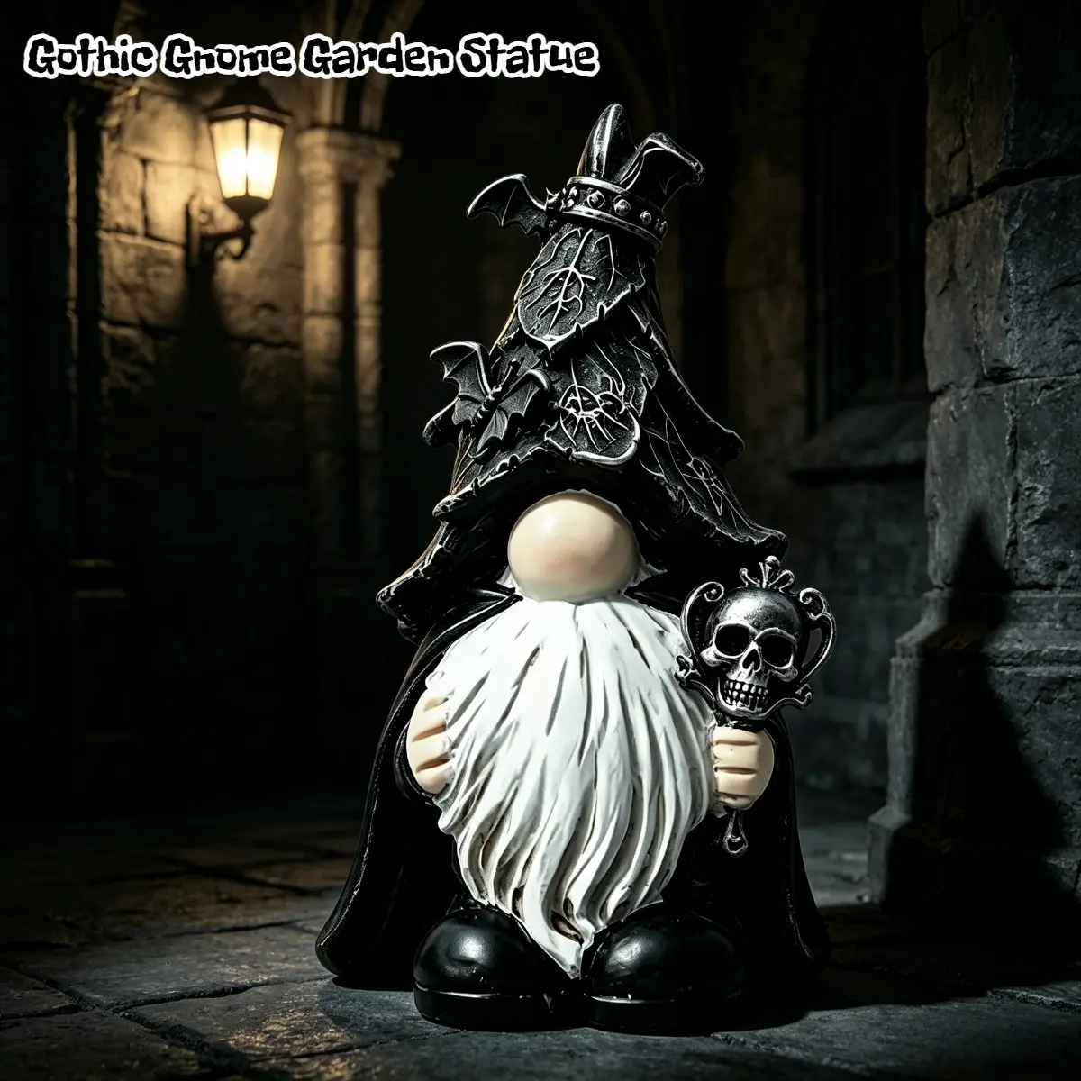 Gothic Garden Gnome Statue, Skull Staff, Bat Elements, Resin Material, Outdoor Courtyard & Patio Decor, Unique Dark Fantasy Ornament, Halloween Gift