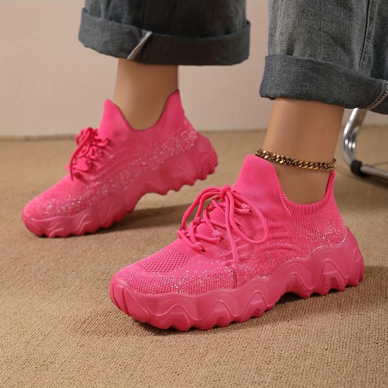 [Sparkling Waterproof Sneakers] Pink Sparkling Waterproof Sneakers - Comfortable, Breathable, All-Season Ladies Shoes - Thick MD Sole Footwear Closed Girl Women Runner Trainer Running Training