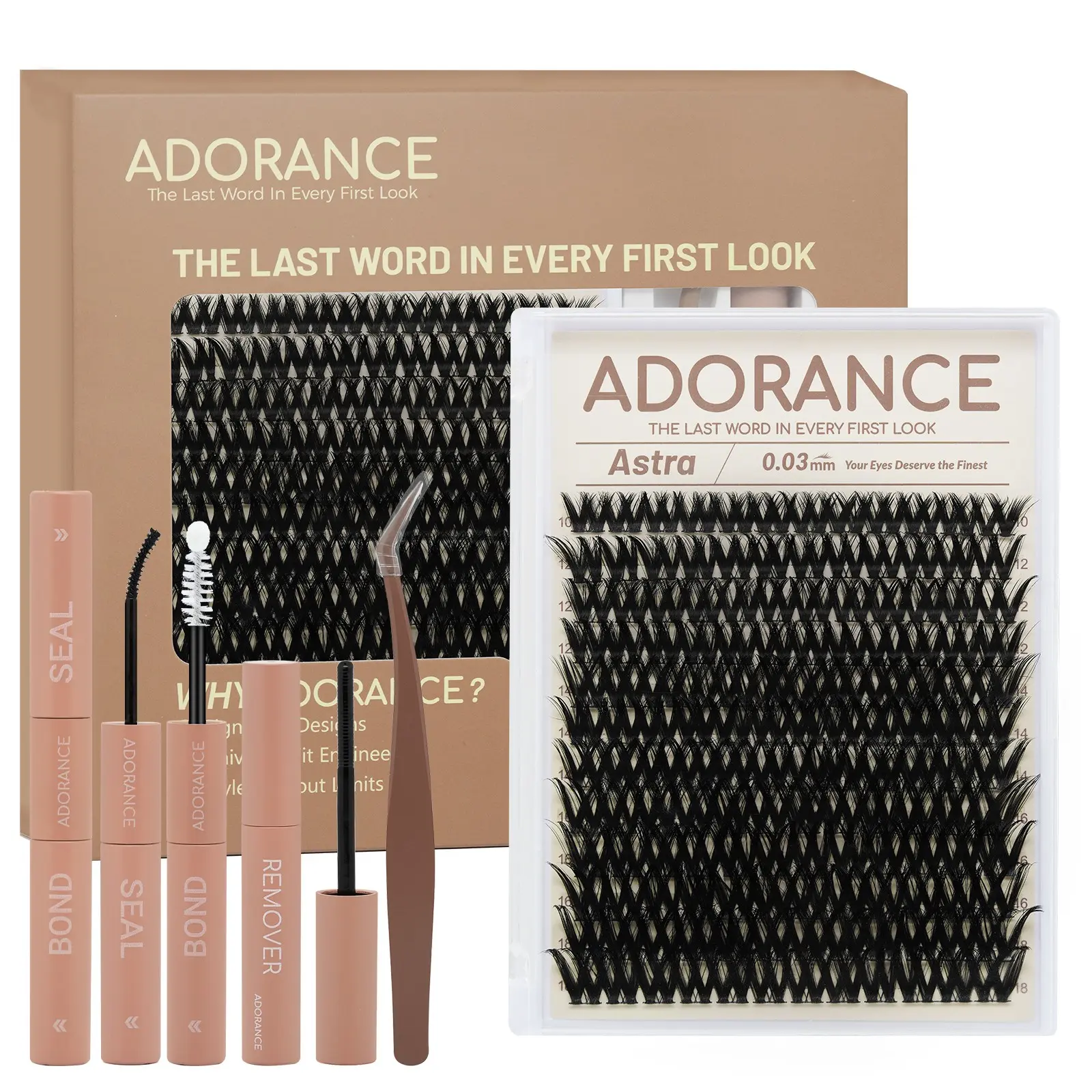 ADORANCE 144pcs Astra Lash Clusters Kit, DIY Lash Extension Kit with Bond & Seal, Remover & Tweezers, Natural Voluminous Individual Eyelash Extensions with Soft Thin Band, Waterproof Long-Lasting Cluster Lashes for At-Home Application