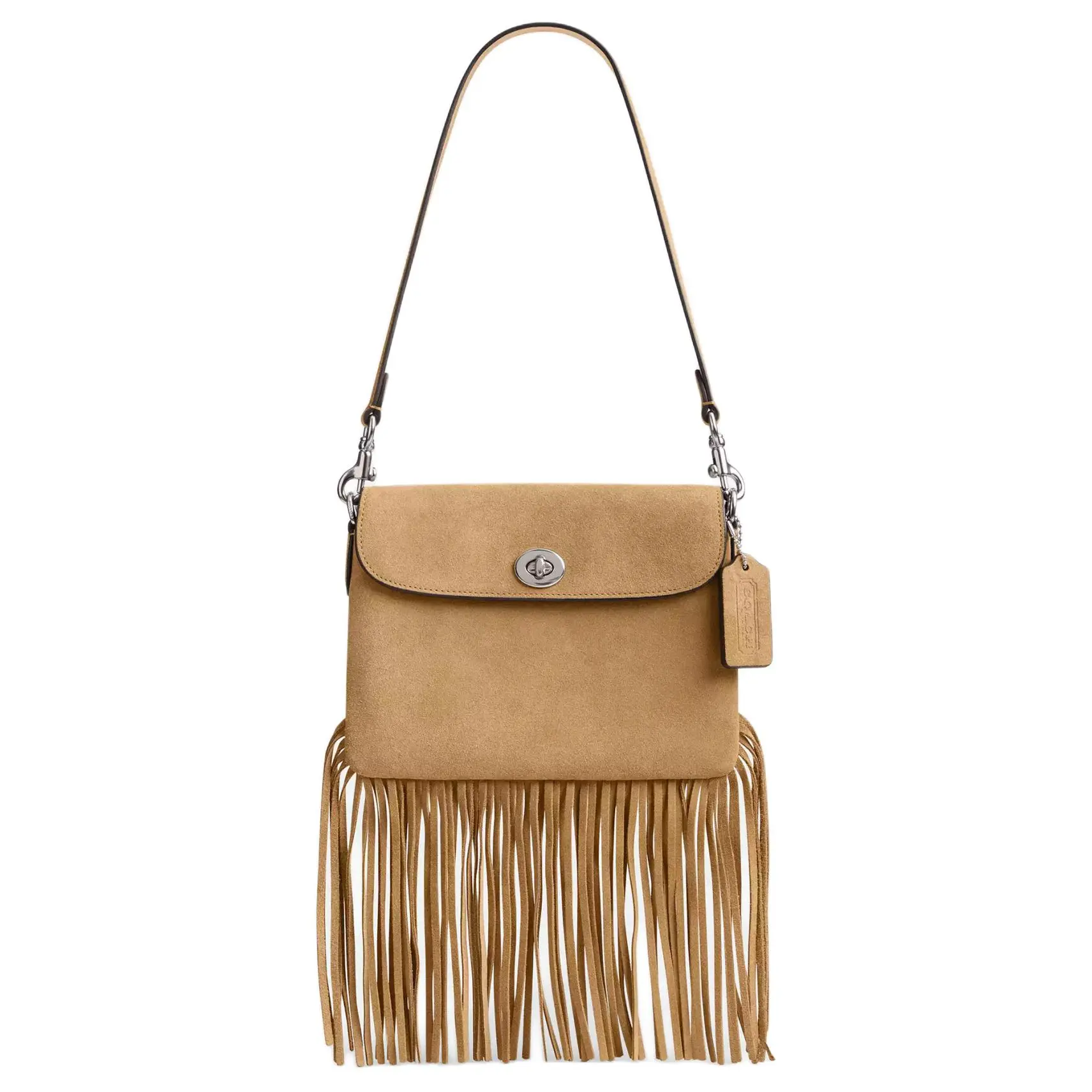 COACH 1964 Fringe Handbag – Small Women’s Suede Tote with Toggle Closure, Silver and Peanut Brown