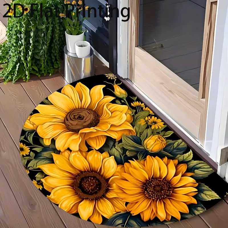 1 piece of 2D flat black background sunflower pattern door mat – easy to clean, semi-circular design, suitable for indoor/outdoor use, perfect for entrances, kitchens, bathrooms, balconies, and outdoor spaces. christmas rug