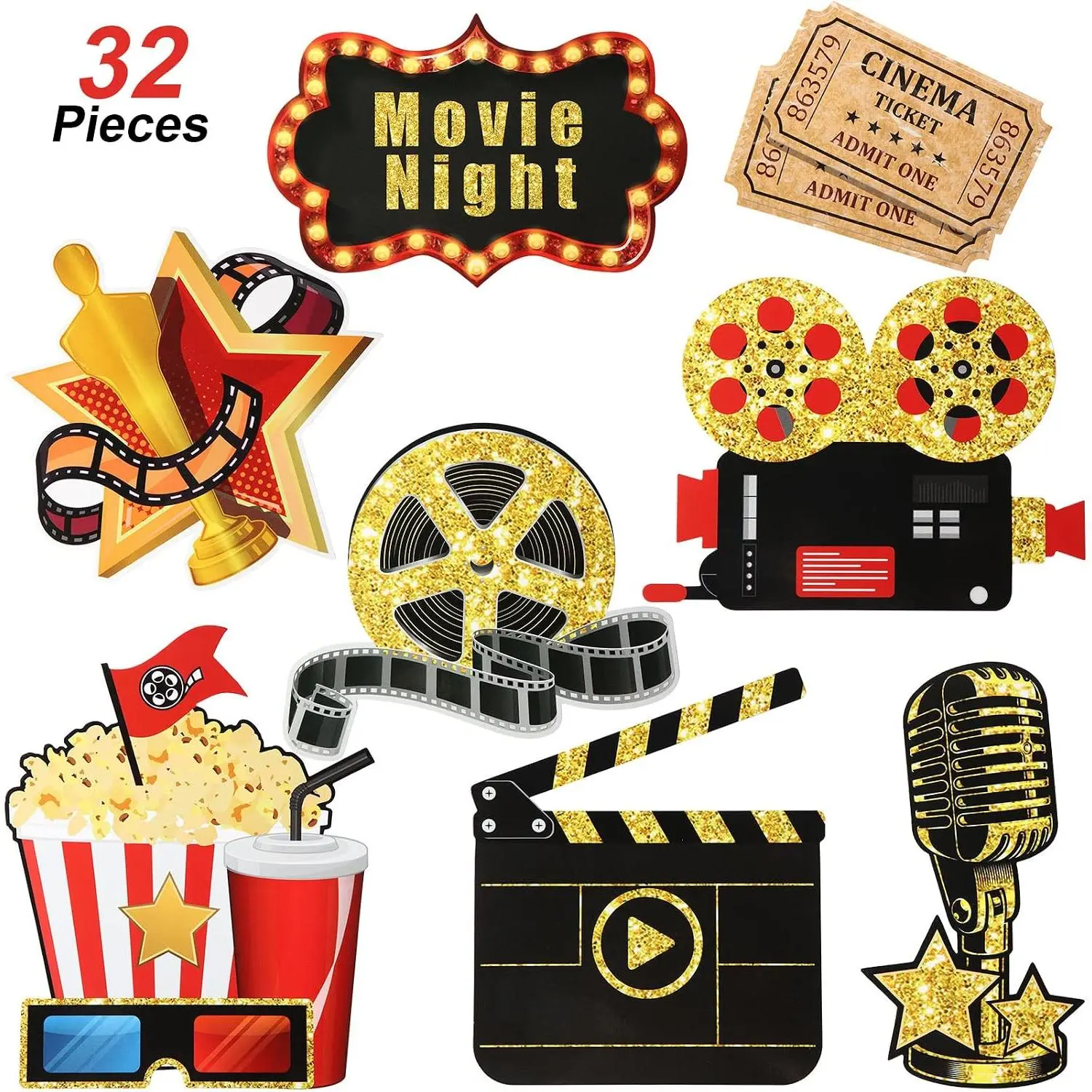 32 count Movie Party Decorations Red Carpet Cutouts Cards Table Toppers Double Sided Printing Golden Black Movie Theme Decor for Movies Night Decorations Party Supplies Photo Booth Props