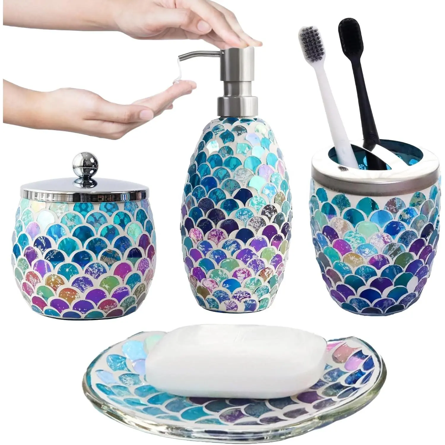 Mermaid Bathroom Accessories Sets 4 Pcs | Luxurious Soap Dispenser, Toothbrush Holder, Cotton Glass Jar, Soap Tray | Mermaid Bathroom Decor | Modern Mosaic Glass Bathroom Accessories