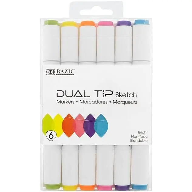 Tip Sketch Markers, Fluorescent, Brush & Chisel, 6 Ct | 3 mm brush + 6.5 mm chisel tips, fluorescent  sketch markers, Triangular barrel, , blendable