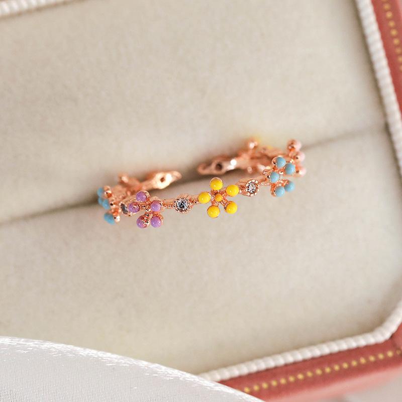 Spring and summer macaron-colored oil-drip flower heart ring with zircon inlay, open niche ring for women, personalized index finger ring