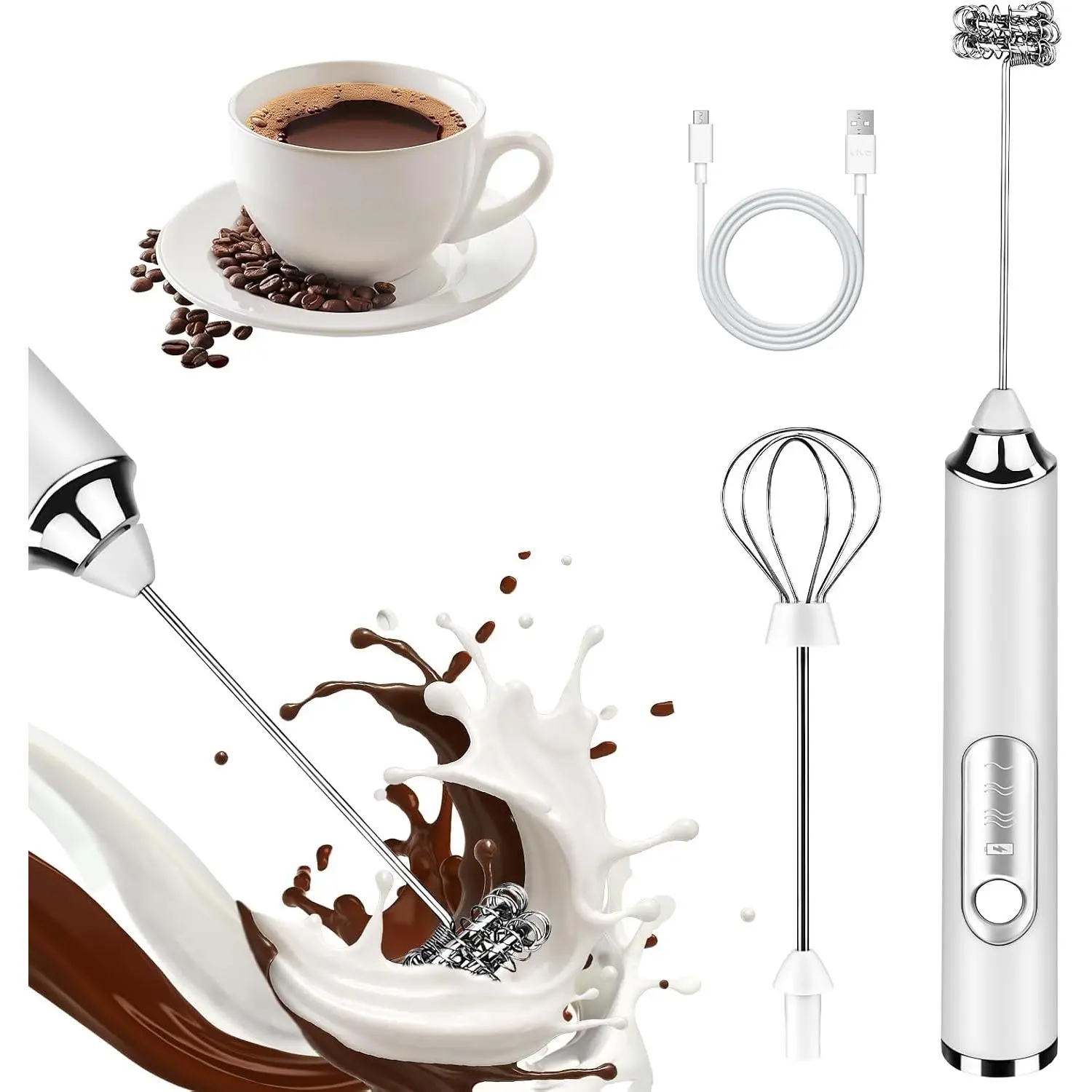 Handheld Milk Frother, Rechargeable Milk Frother, Coffee Mixer Wand, White | Electric Drink Mixer with 2 Stainless Steel Whisks 3 Speeds, Frother Wand for Latte, Cappuccino, Matcha, Hot , Egg