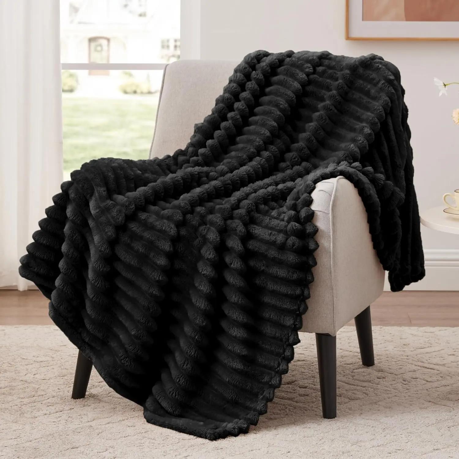Fleece Throw Blanket for Couch or Bed - 3D Stripe Jacquard Decorative Blankets - Cozy Soft Lightweight Fuzzy Flannel Blanket Suitable for All Seasons(50"×60",Black)