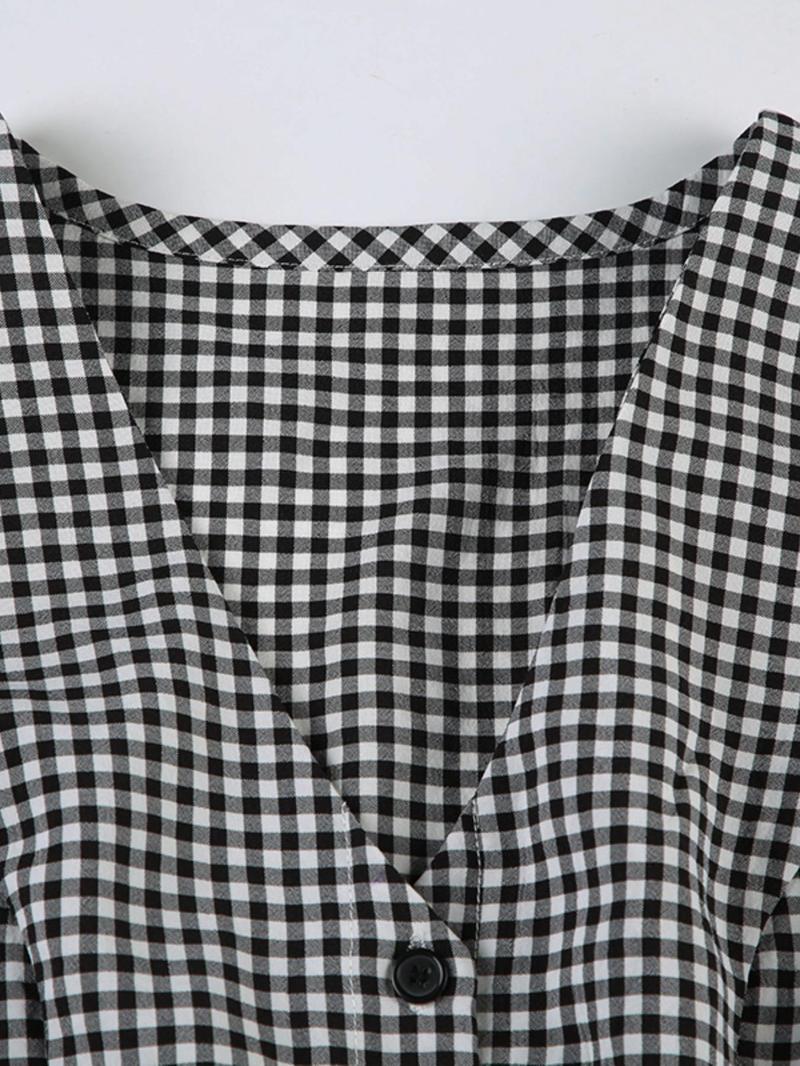 Women's Plaid Print Button Front V Neck A Line Dress, Elegant Fashion Casual Short Sleeve Dress for Daily Outdoor Wear, Summer Dresses for Women