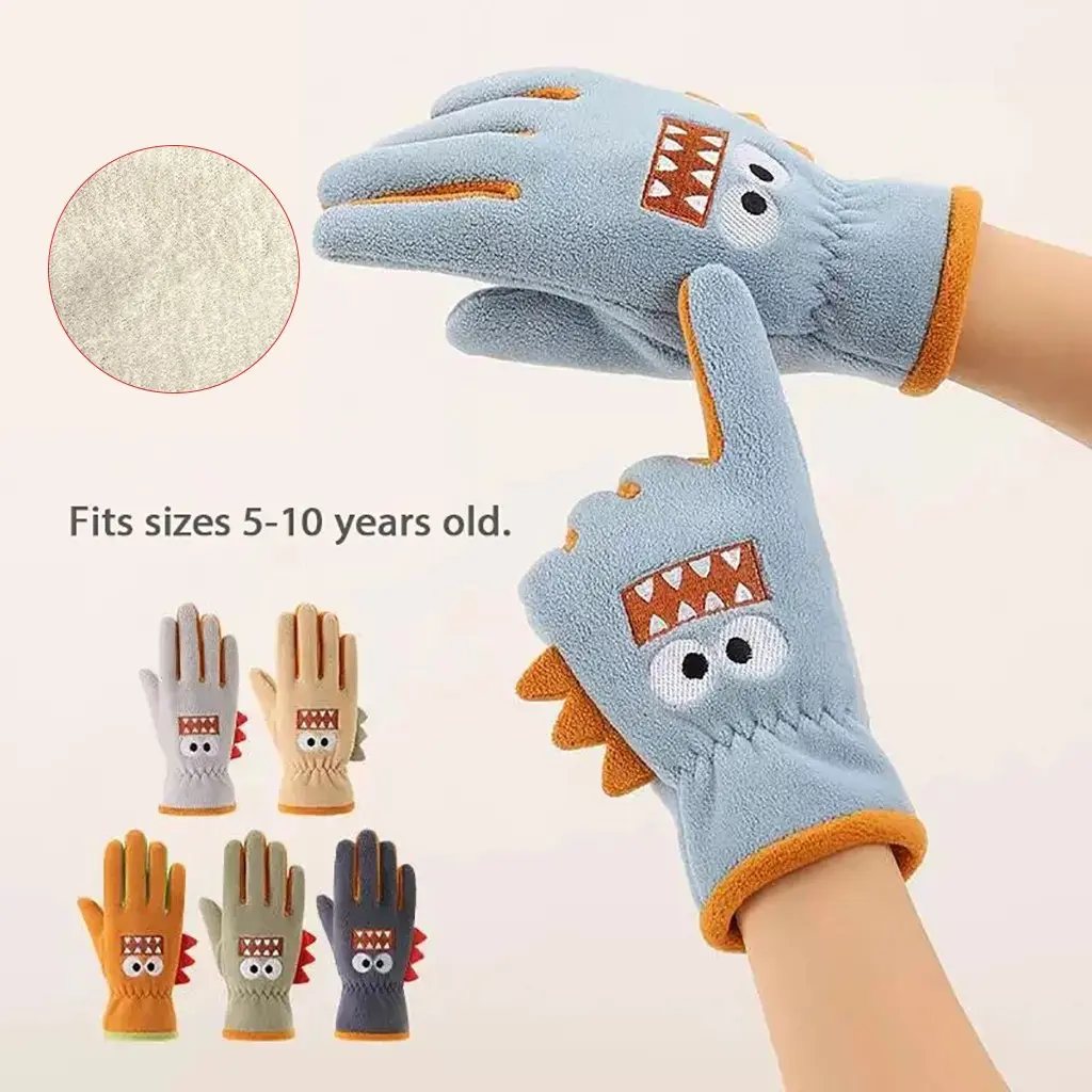 Multicolor Dinosaur Fleece Thermal Gloves for Kids, Windproof Comfy Handwear, Suitable for Ages 5-10, Daily Outdoor Activities, School Wear