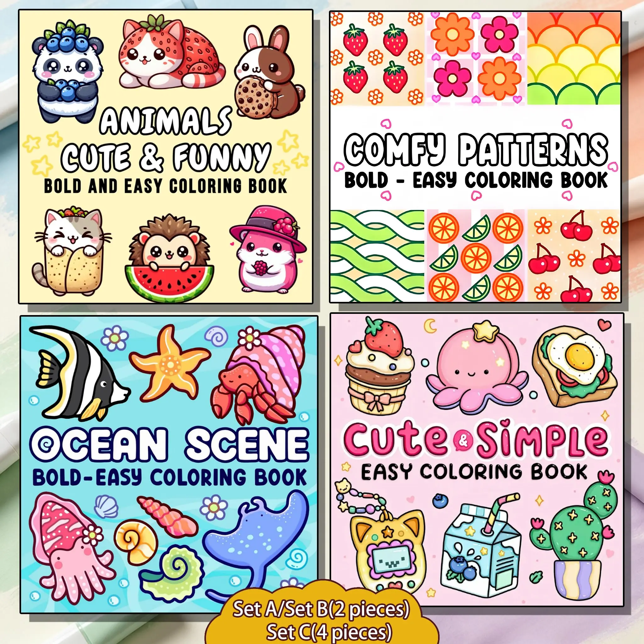 4 Pack Cute Bold Easy Coloring Books For Adults Teens Kids | Kawaii Animals Comfy Patterns Ocean Scene Simple Cute Food Plant Coloring Pages, Stress Relief ASMR Coloring Therapy, Beginner Friendly Cute Aesthetic Bulk Coloring Book Gift Set