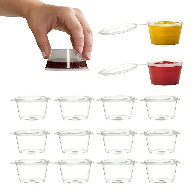 50-Pack 1oz Polypropylene (PP) Food Grade Plastic Small Containers with Hinged Lids, Leak-Proof Disposable Tableware Portion Cups for Sauce, Condiments, Souffle, Salad Dressing, Slime - Food Contact Safe